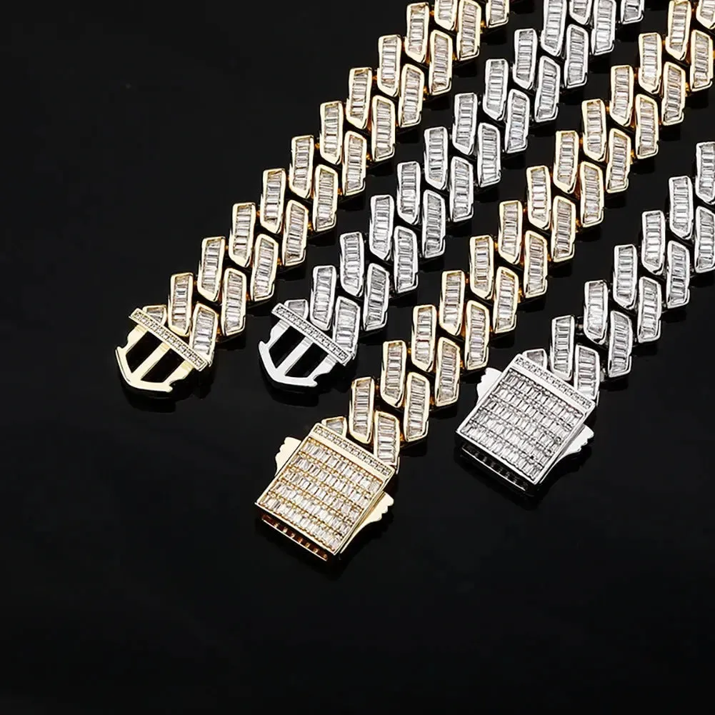 18mm Channel Set Baguette Cuban Chain in Yellow Gold