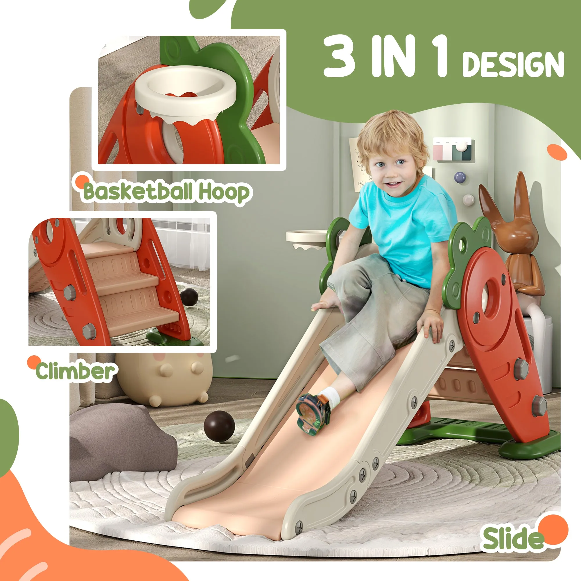 3 in 1 Kids Slide, Carrot-themed Foldable Indoor Slide for 1-3 Years