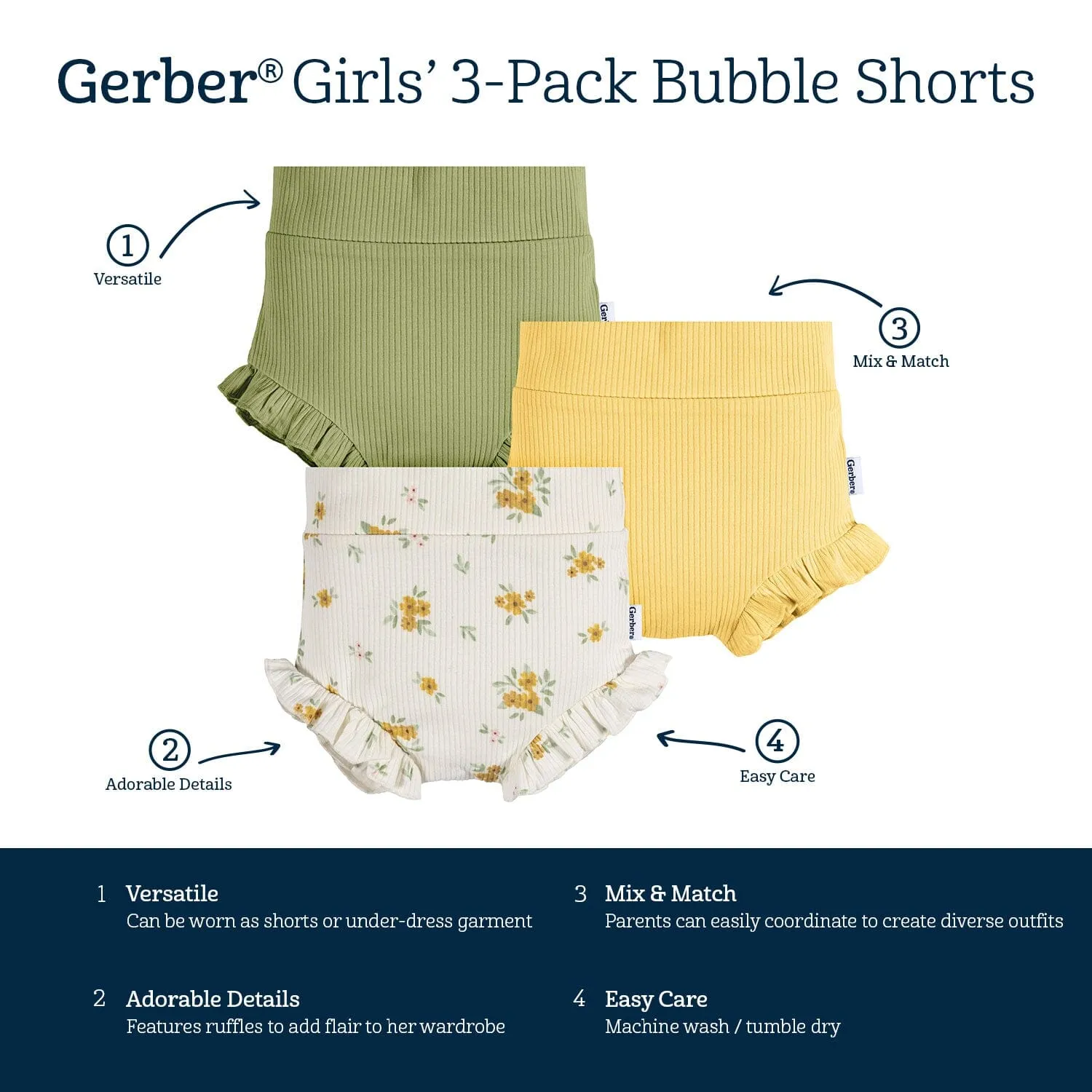 3-Pack Baby Girls Green, Yellow, & Ivory Floral Bloomer Shorts