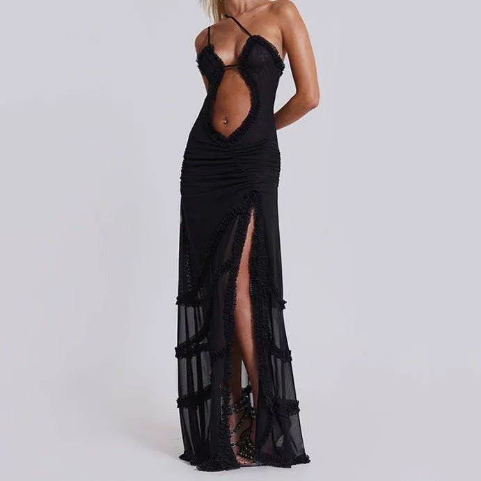 Ada Straps Hollow Gathered Lace Slit Maxi Dress