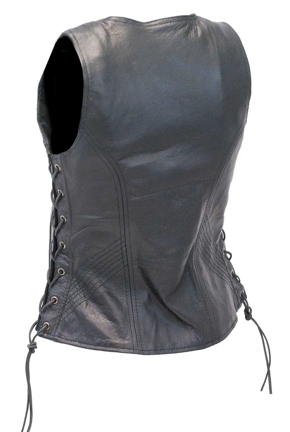 Black Women's Concealed Pockets Side Lace Leather Zip Vest #VL4531GLK