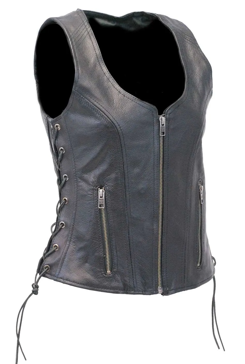 Black Women's Concealed Pockets Side Lace Leather Zip Vest #VL4531GLK