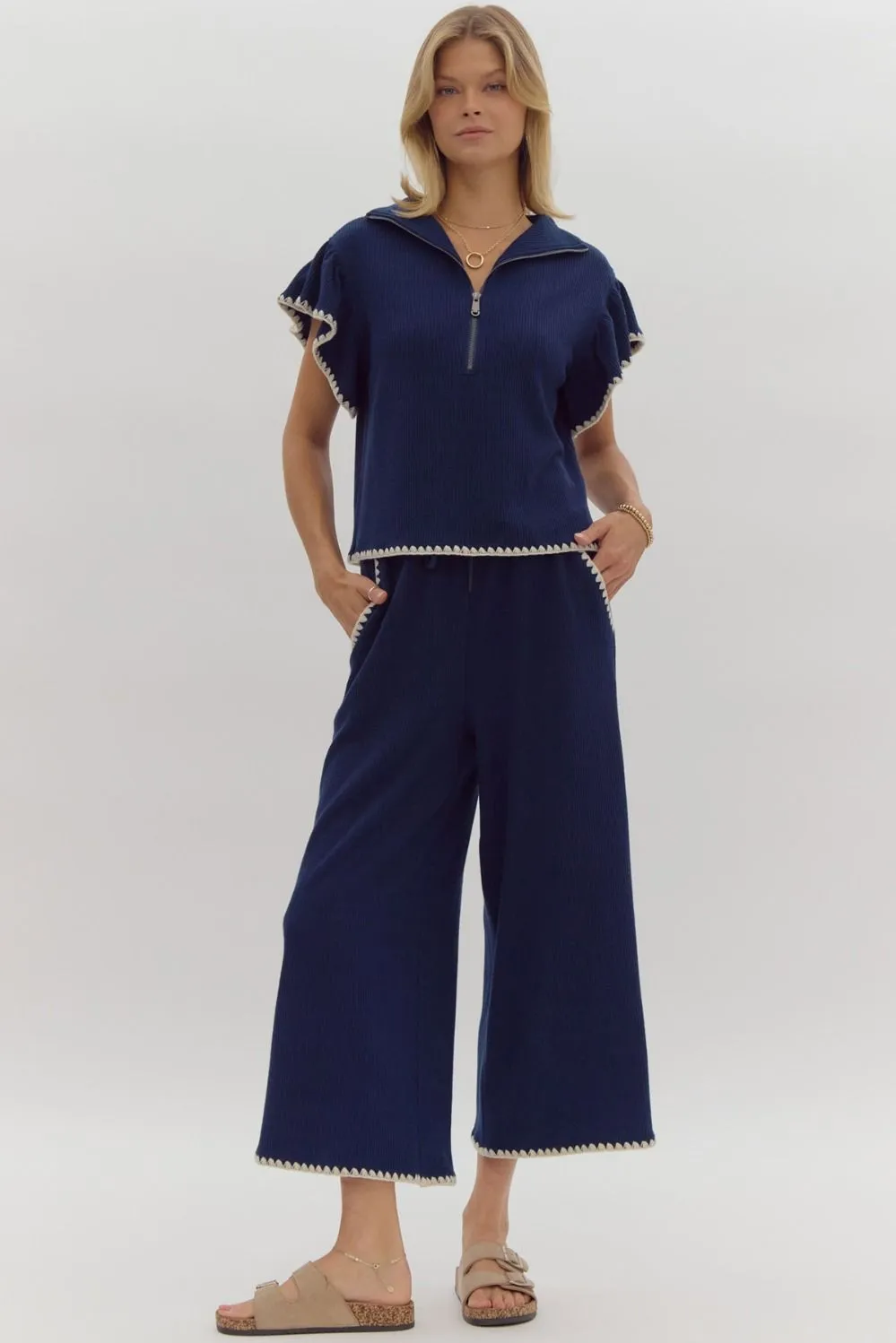 Contrast Stitching Top & Pant Set- Navy