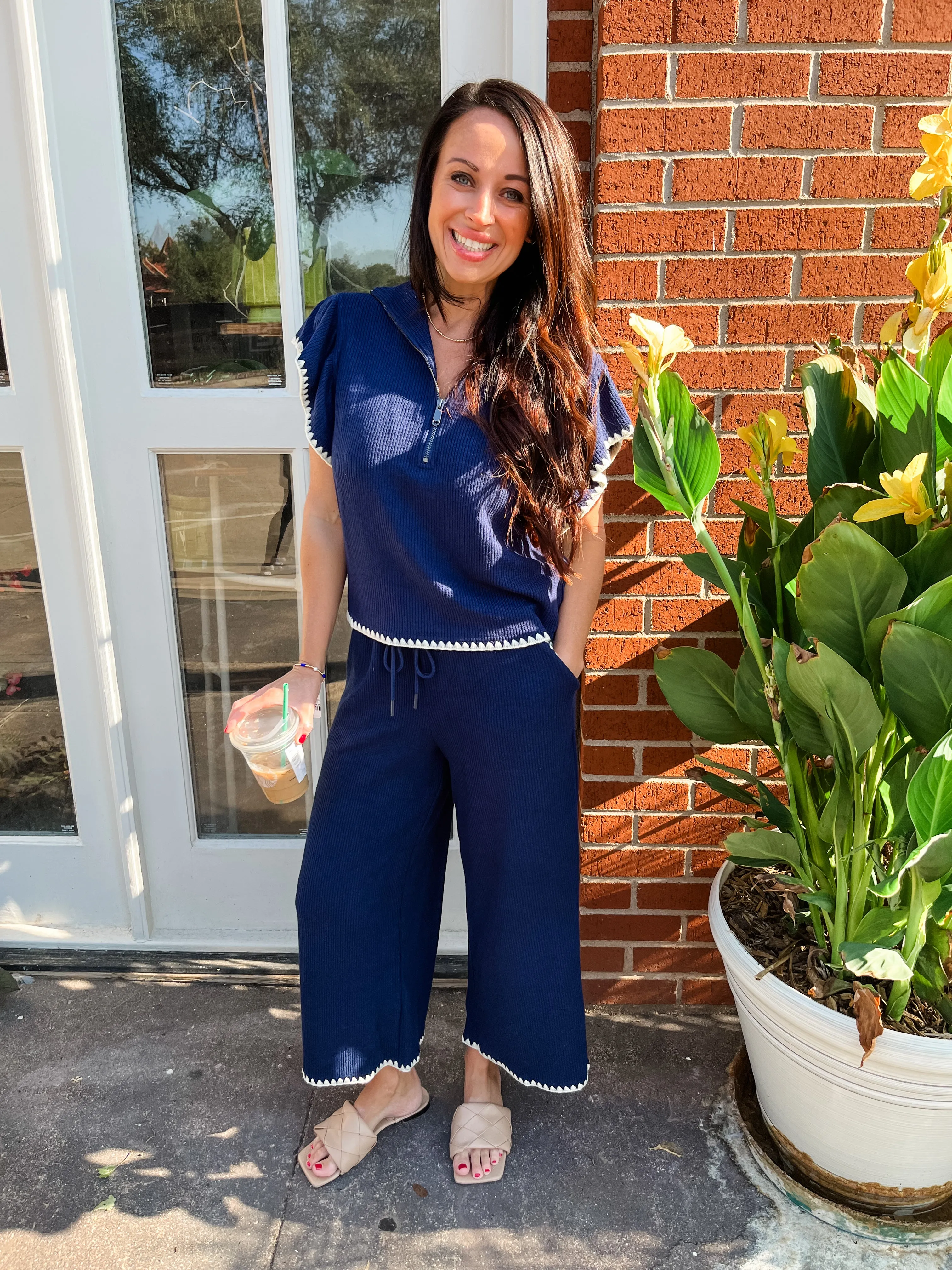 Contrast Stitching Top & Pant Set- Navy