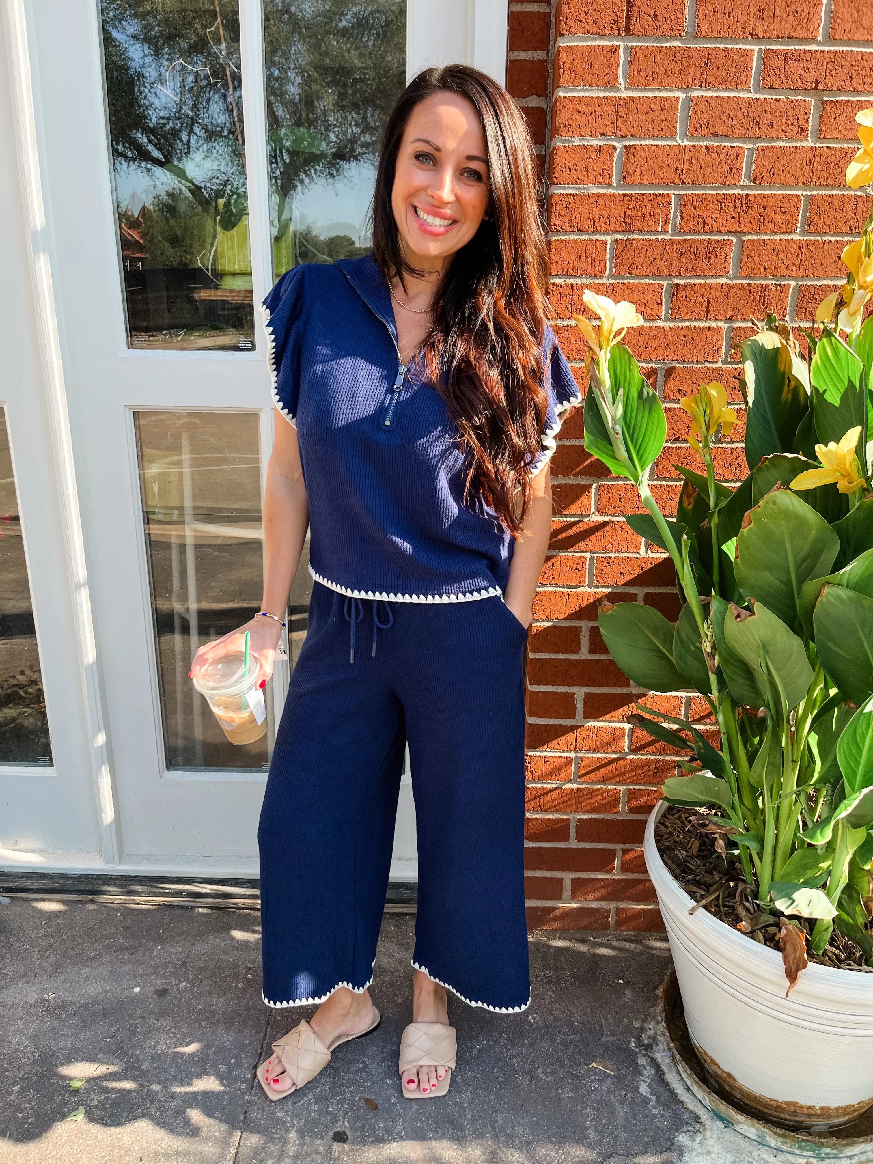 Contrast Stitching Top & Pant Set- Navy