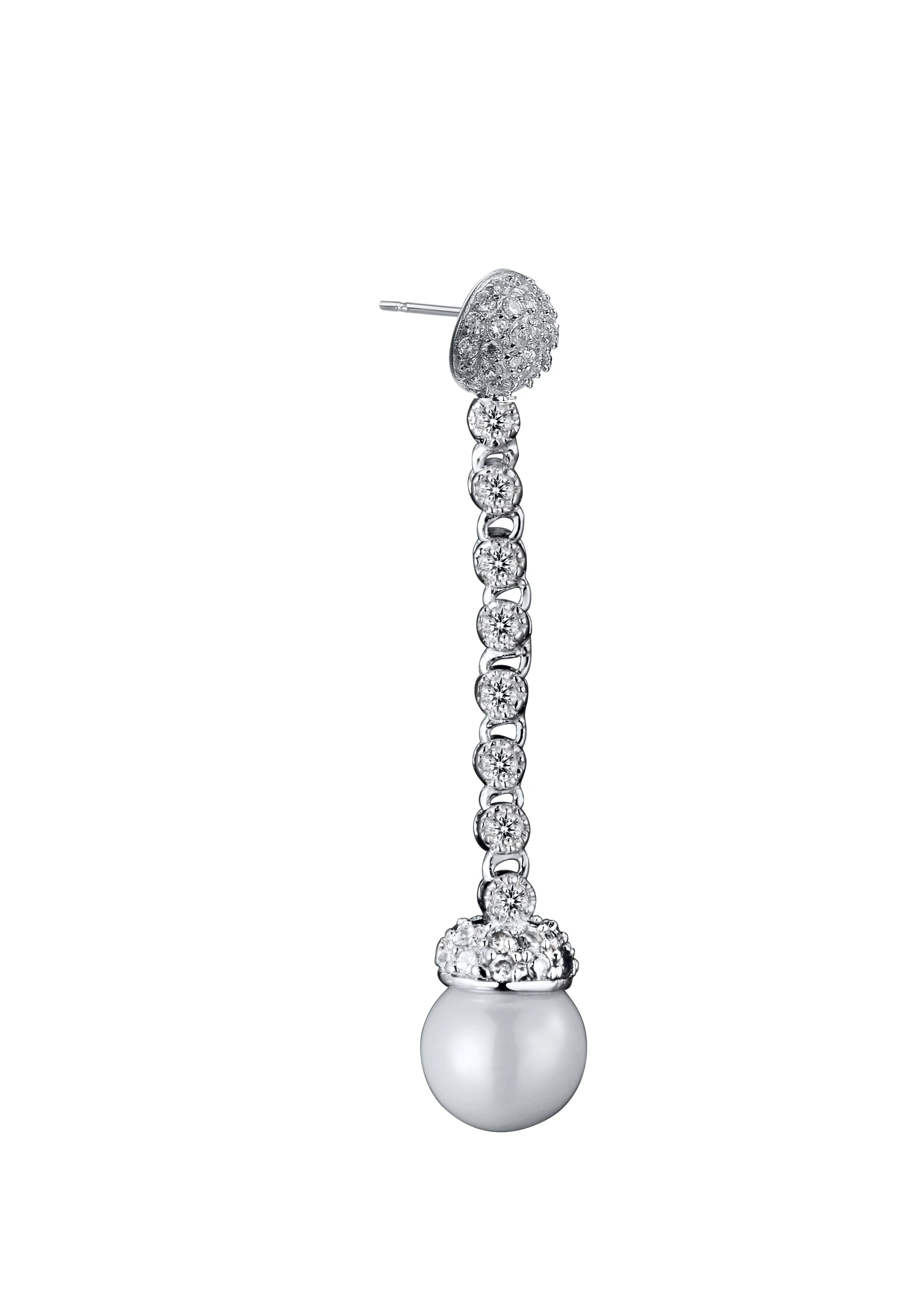 Cubic Zirconia Sterling Silver Rhodium Plated Long Pearl Drop Dangling Earrings