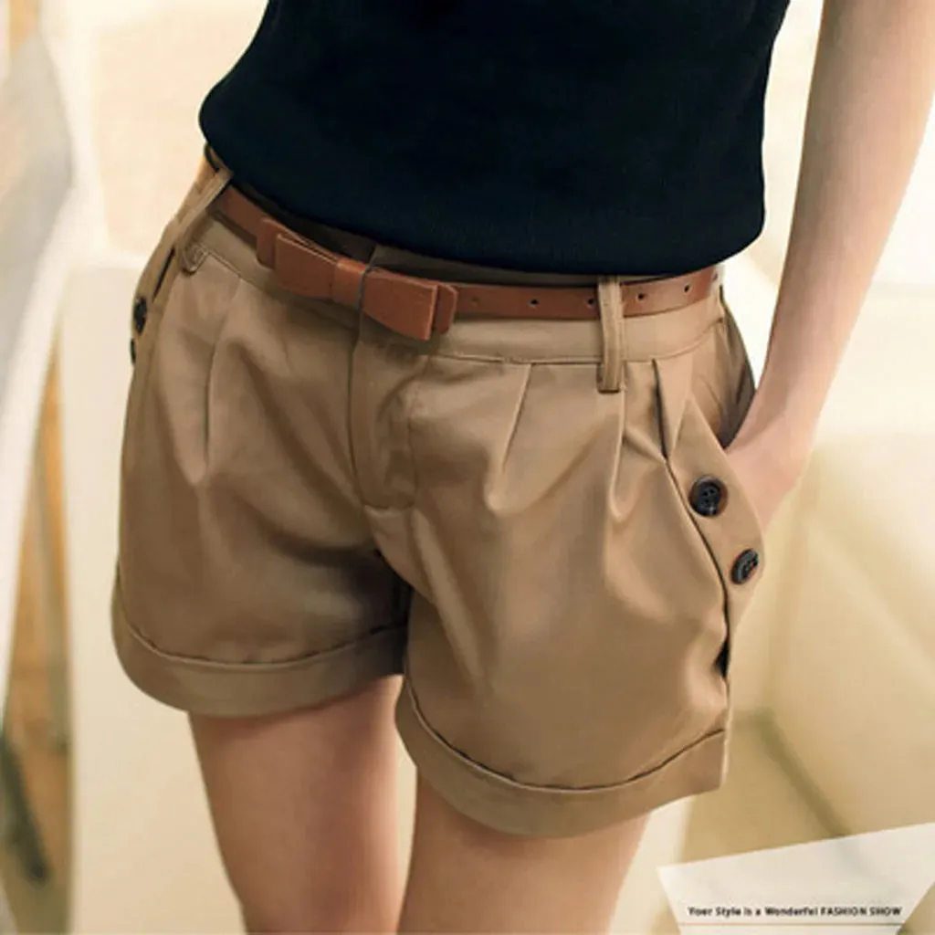 England Style Office Women's Summer New Fashion High Waist Casual Button Decor Chic Short