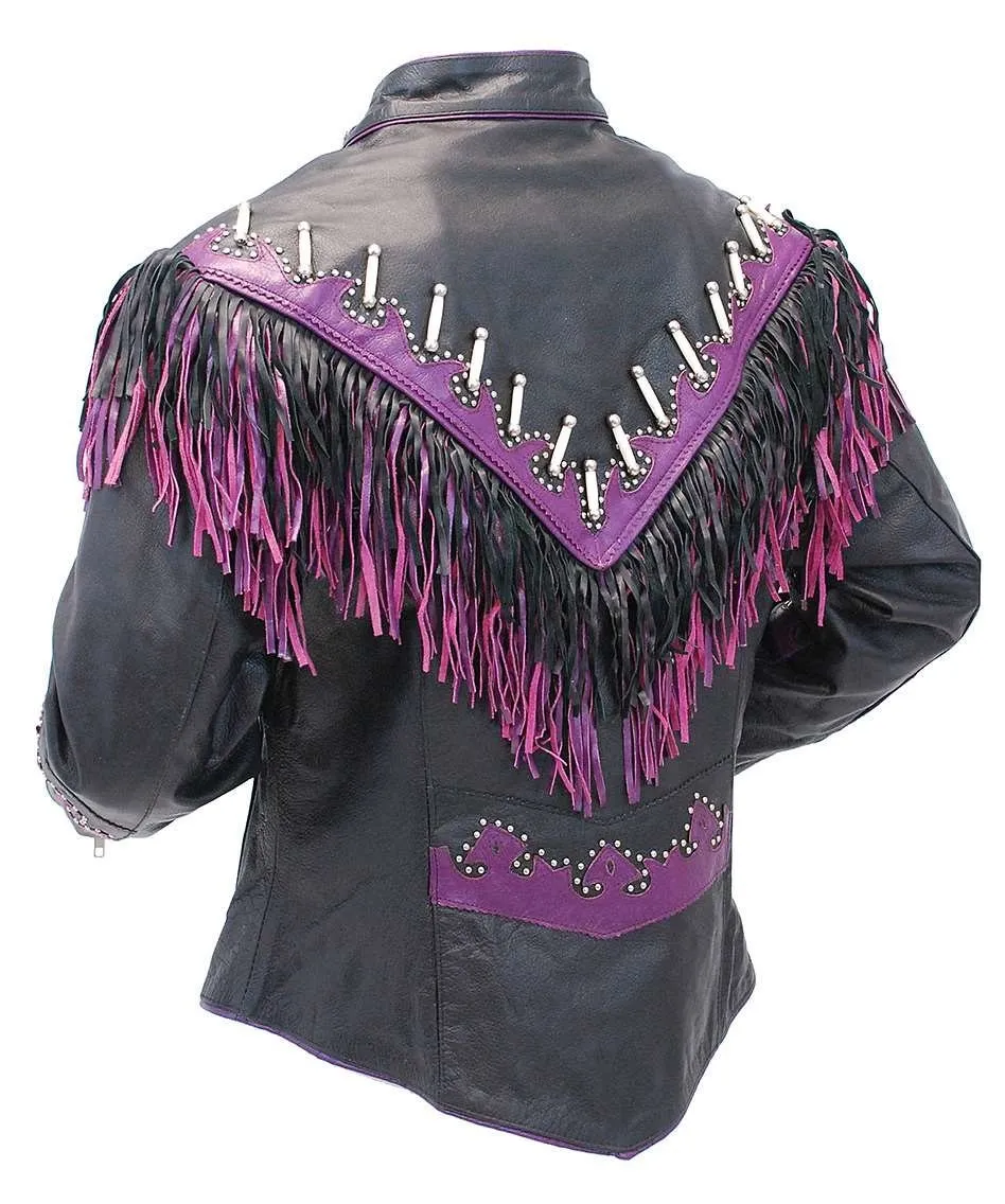 Genuine Bone & Purple Fringe Leather Jacket #L1616FBPUR