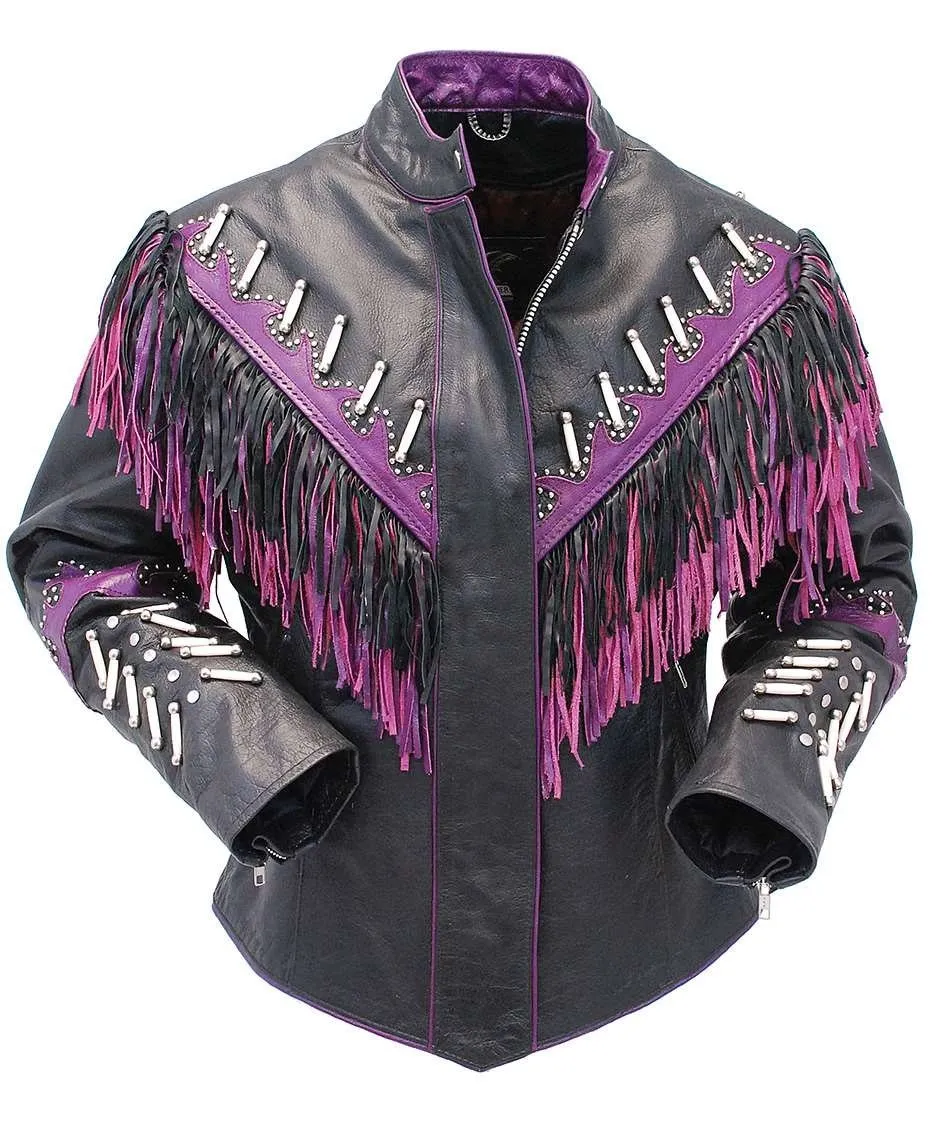 Genuine Bone & Purple Fringe Leather Jacket #L1616FBPUR