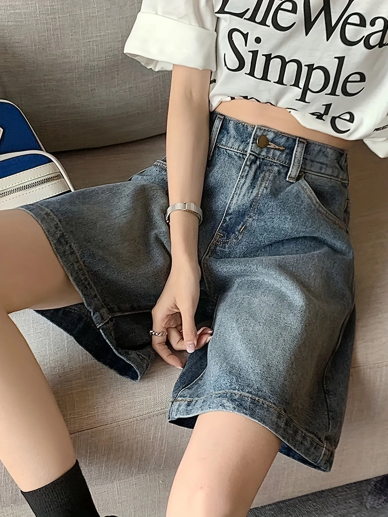 High Rise Plain Washed Denim Shorts, Slash Pocket Cuffed Loose Fit Denim Jorts, Women's Denim Jeans & Clothing