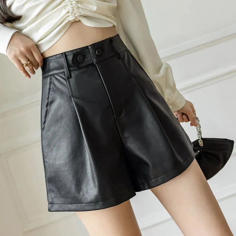 High Waist Faux Leather Boot Short with Fashion Buttons