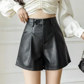 High Waist Faux Leather Boot Short with Fashion Buttons