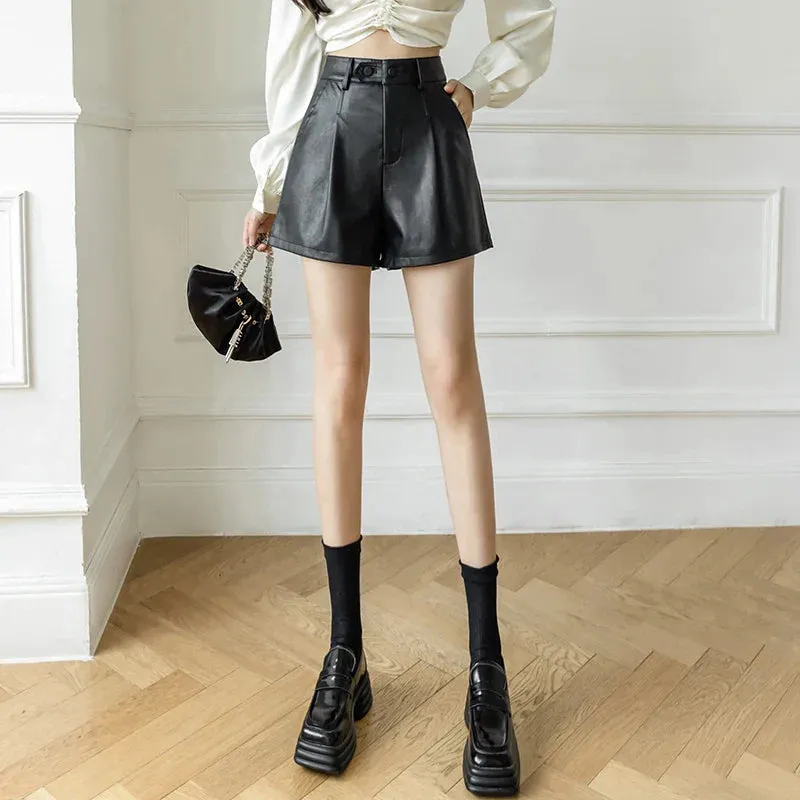 High Waist Faux Leather Boot Short with Fashion Buttons