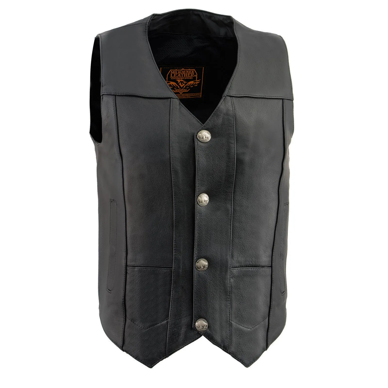 HL3700SPT Men's Black Leather Classic V-Neck Motorcycle Rider Vest