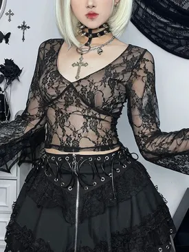 Lace Fairy Grunge V-neck See-Through Sheer Slim Fit Stylish Elegant Trendy Classic Crop Top