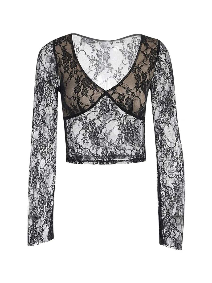 Lace Fairy Grunge V-neck See-Through Sheer Slim Fit Stylish Elegant Trendy Classic Crop Top