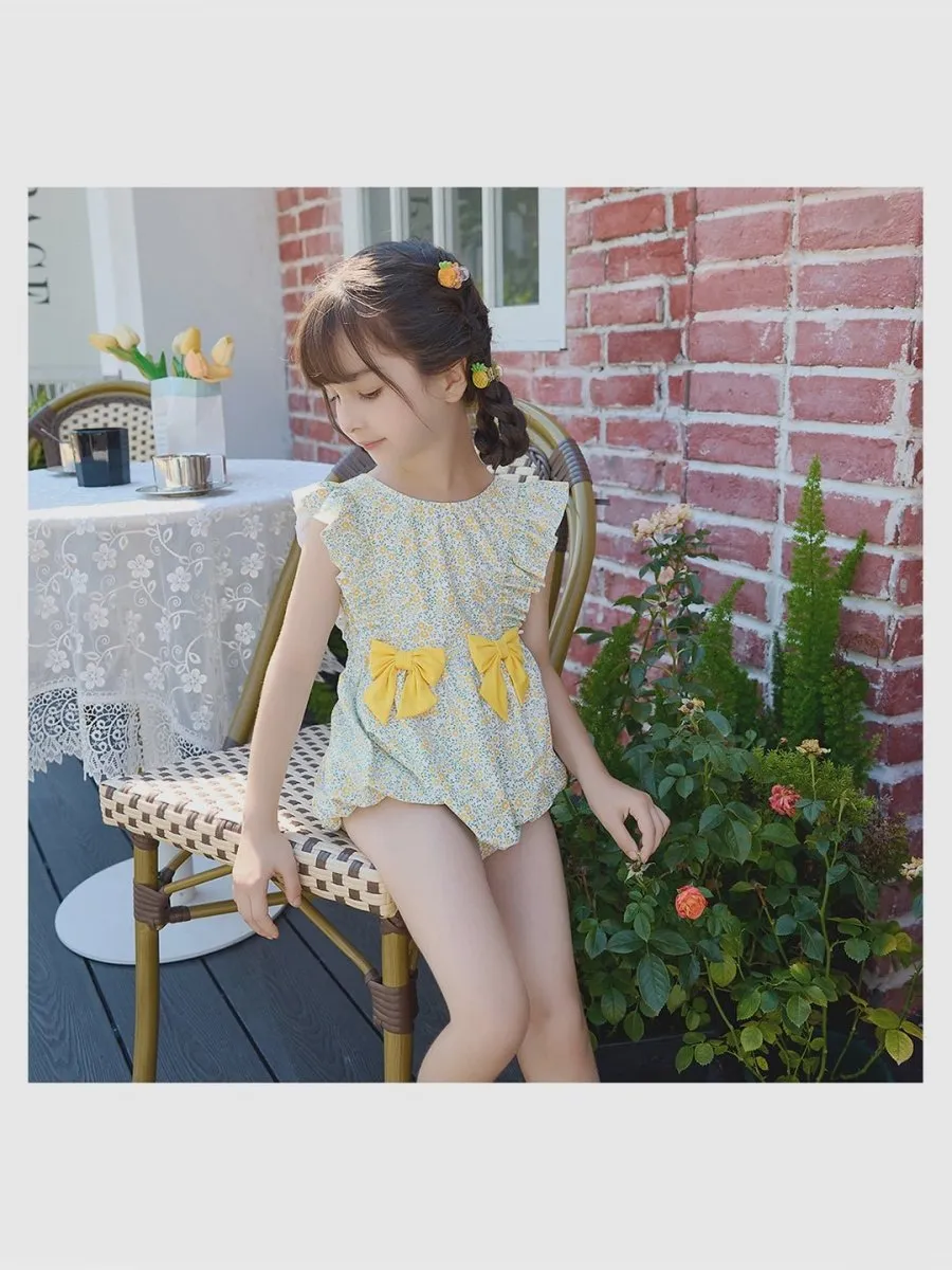 Little Surprise Box,One Piece Little Miss Yellow Bow print Swimwear  Swim Cap for Kids & Toddlers