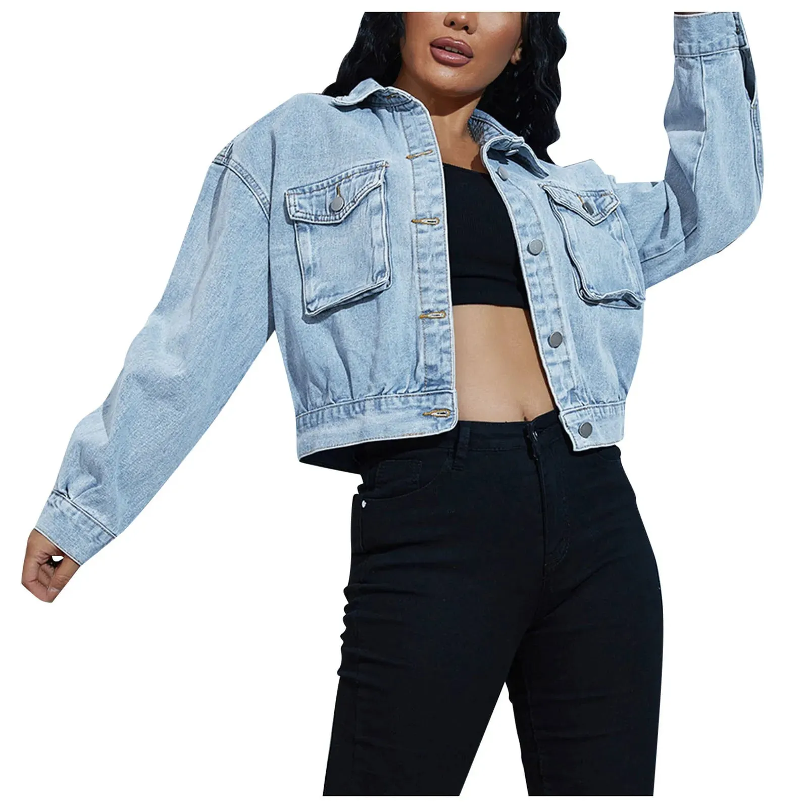 Long Sleeve Single Breasted Drop Shoulder Pocket Crop Jacket