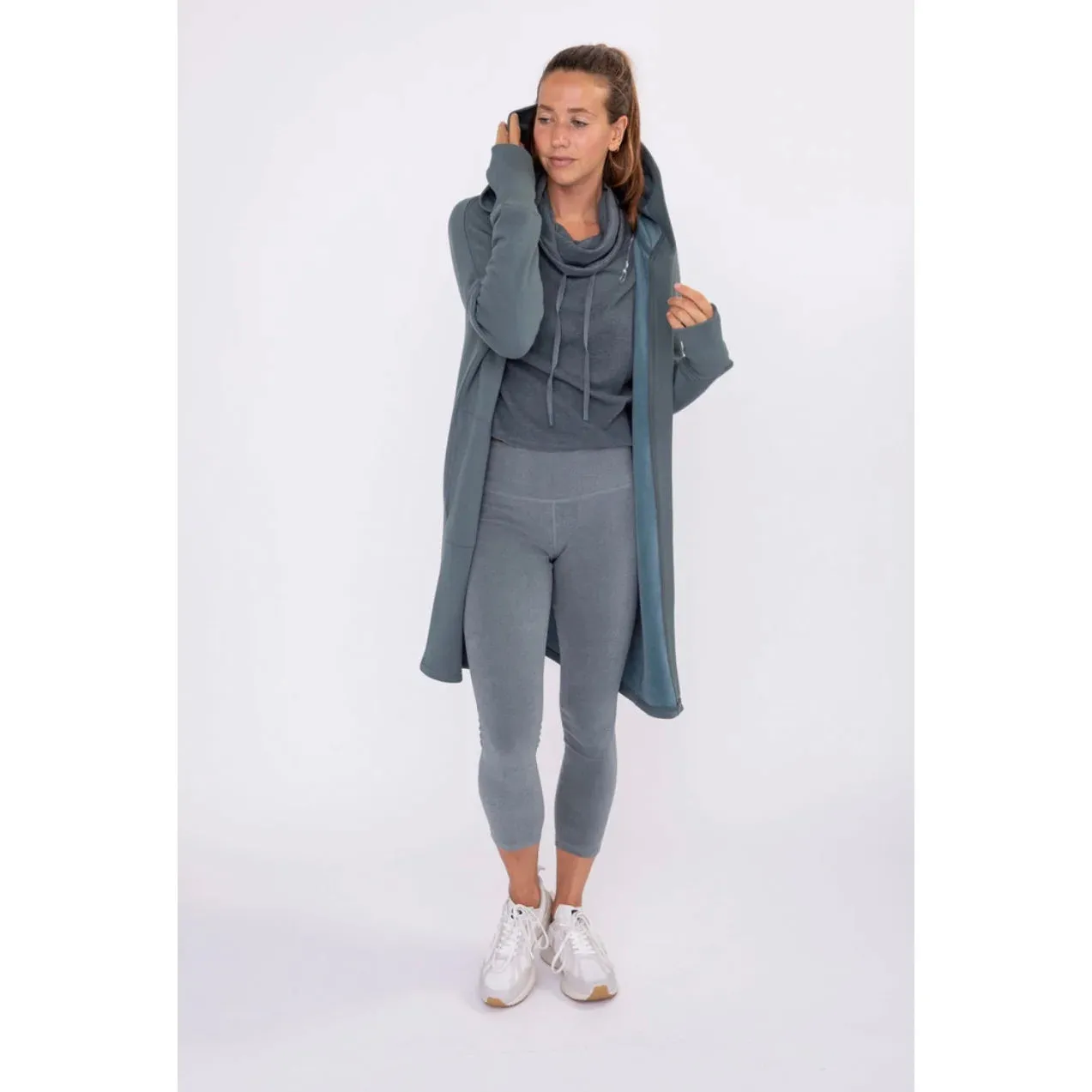 Longline Hooded Fleece Lined Cardigan - Blue Green