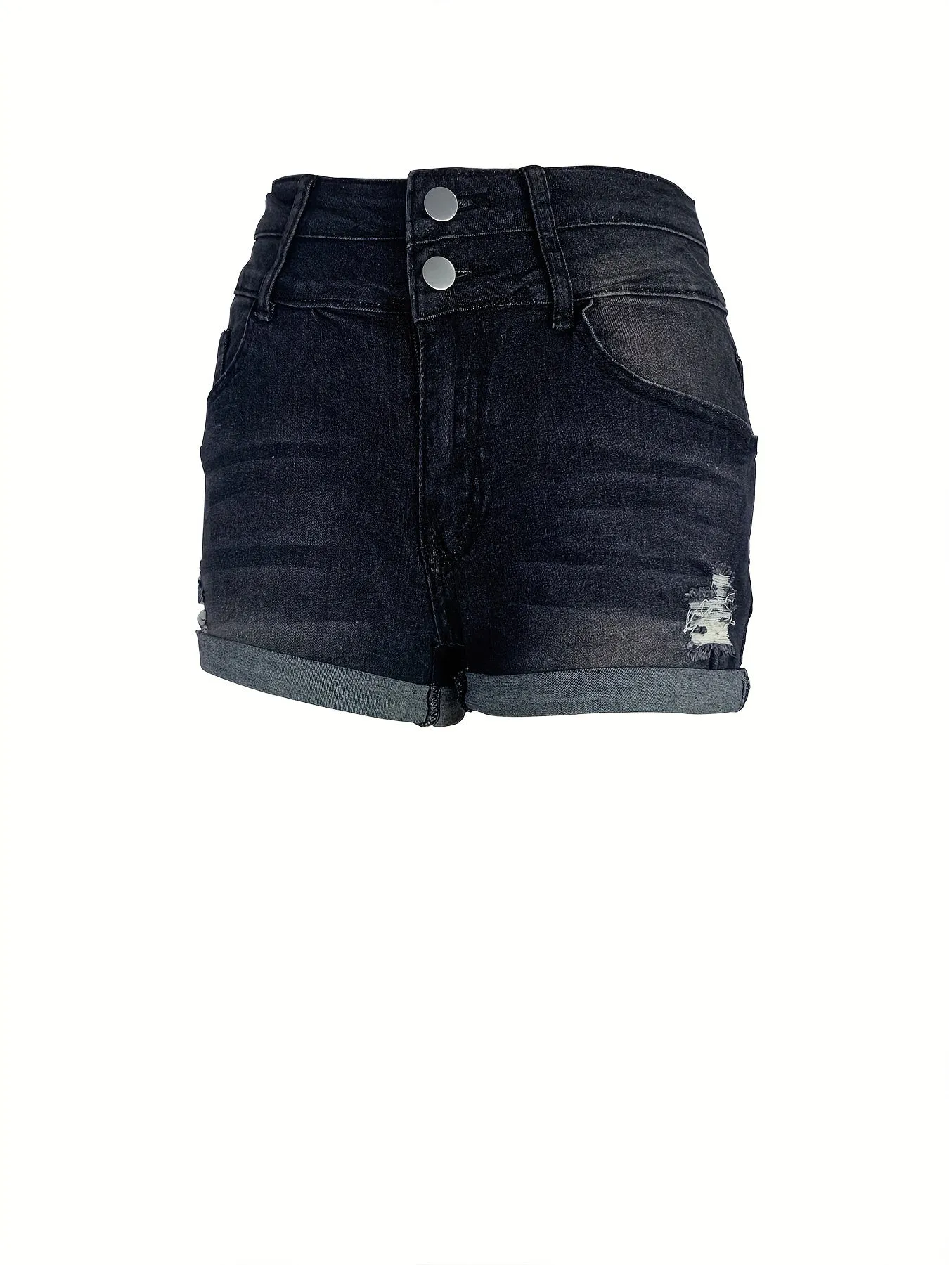 Mid-Stretch Solid Color Denim Shorts with Rolled Hem and Slash Pockets - Comfortable Casual Wear for Summer - Machine Washable, No Dry Clean, Woven Fabric