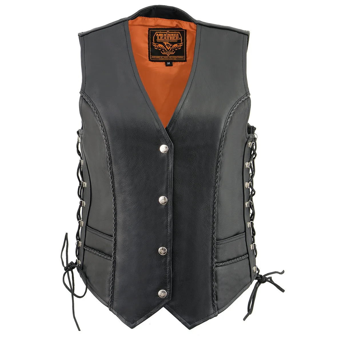 Milwaukee Leather ML2042 Women's Black Thin Braid Naked Leather Side Lace Motorcycle Rider Vest- Front Snap Closure