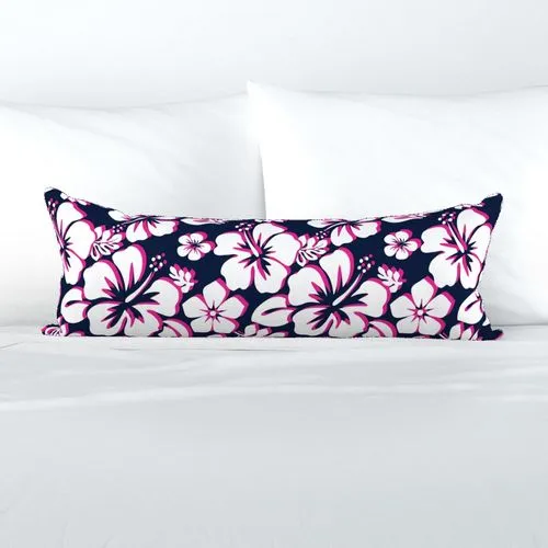 Navy Blue, Hot Pink and White Hawaiian Flowers Extra Long Lumbar Throw Pillow