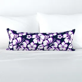 Navy Blue, Purple and White Hawaiian Flowers Extra Long Lumbar Throw Pillow