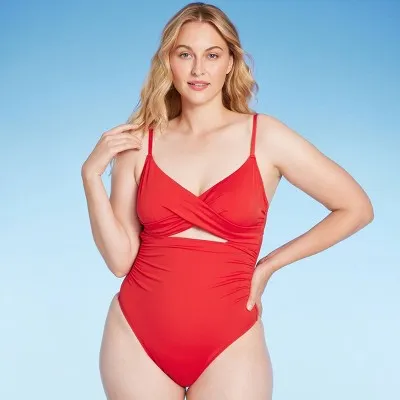 New - Shade & Shore Women's Underwire Extra Cheeky One Piece Swimsuit High Leg Red 38D