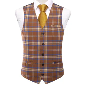 Orange Brown Yellow Plaid Silk Men's Single Vest Waistcoat