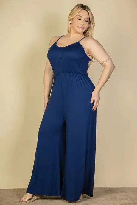 Plus size button front wide leg jumpsuit