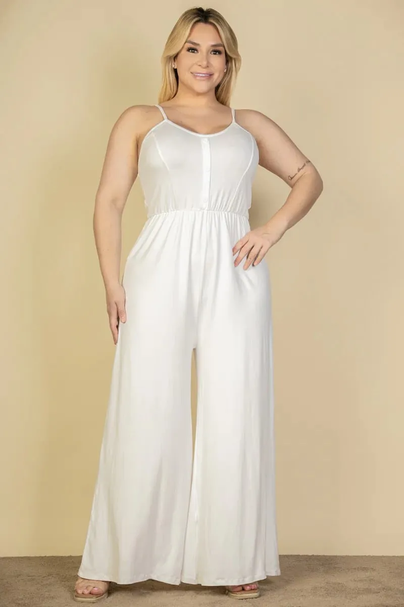 Plus size button front wide leg jumpsuit