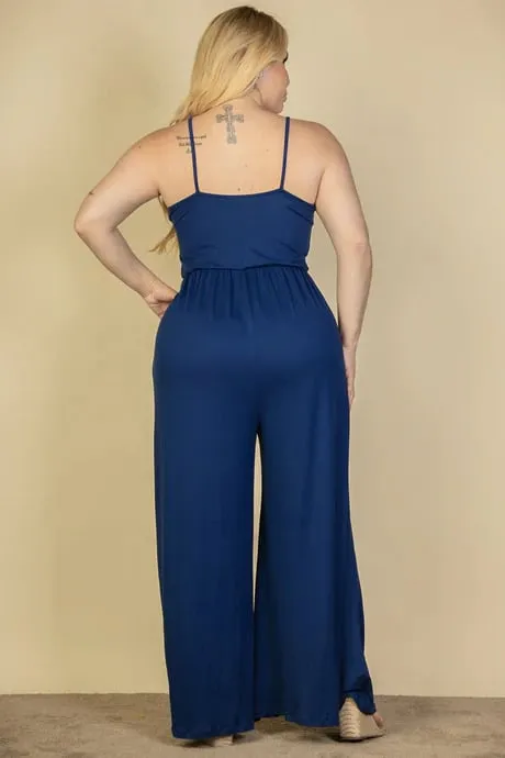 Plus size button front wide leg jumpsuit