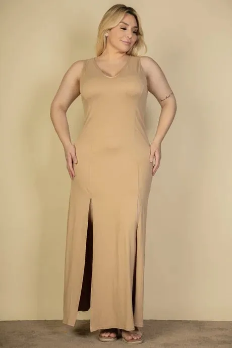 Plus size plunge neck thigh split maxi dress