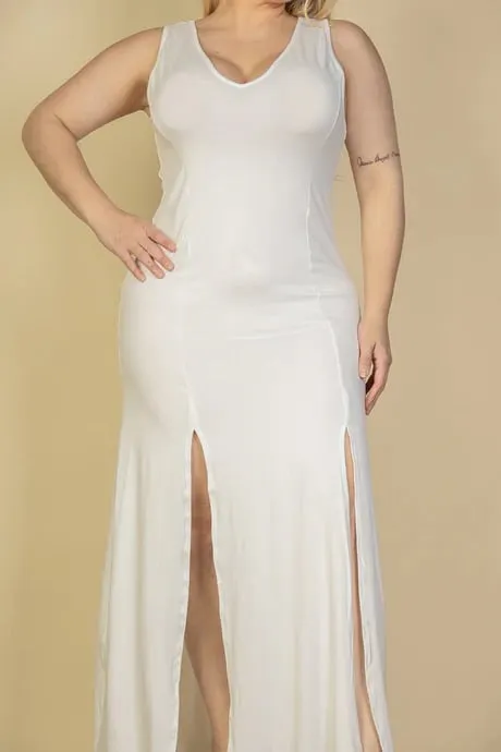 Plus size plunge neck thigh split maxi dress