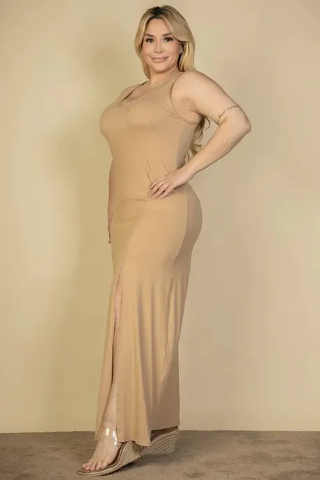 Plus size plunge neck thigh split maxi dress