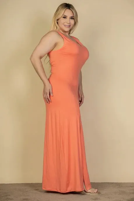 Plus size plunge neck thigh split maxi dress