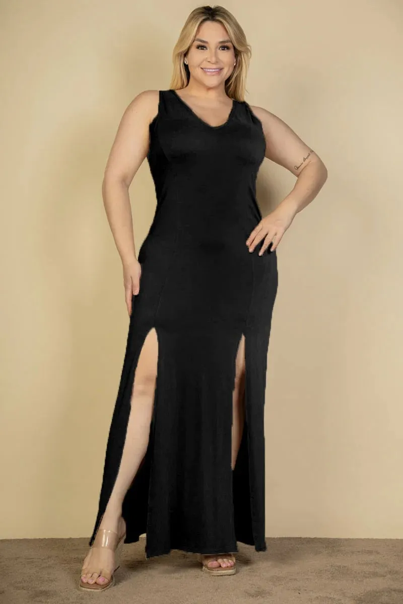 Plus size plunge neck thigh split maxi dress