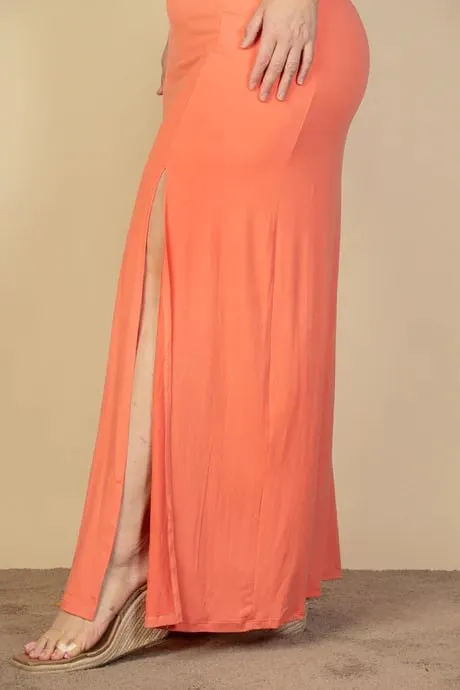 Plus size plunge neck thigh split maxi dress