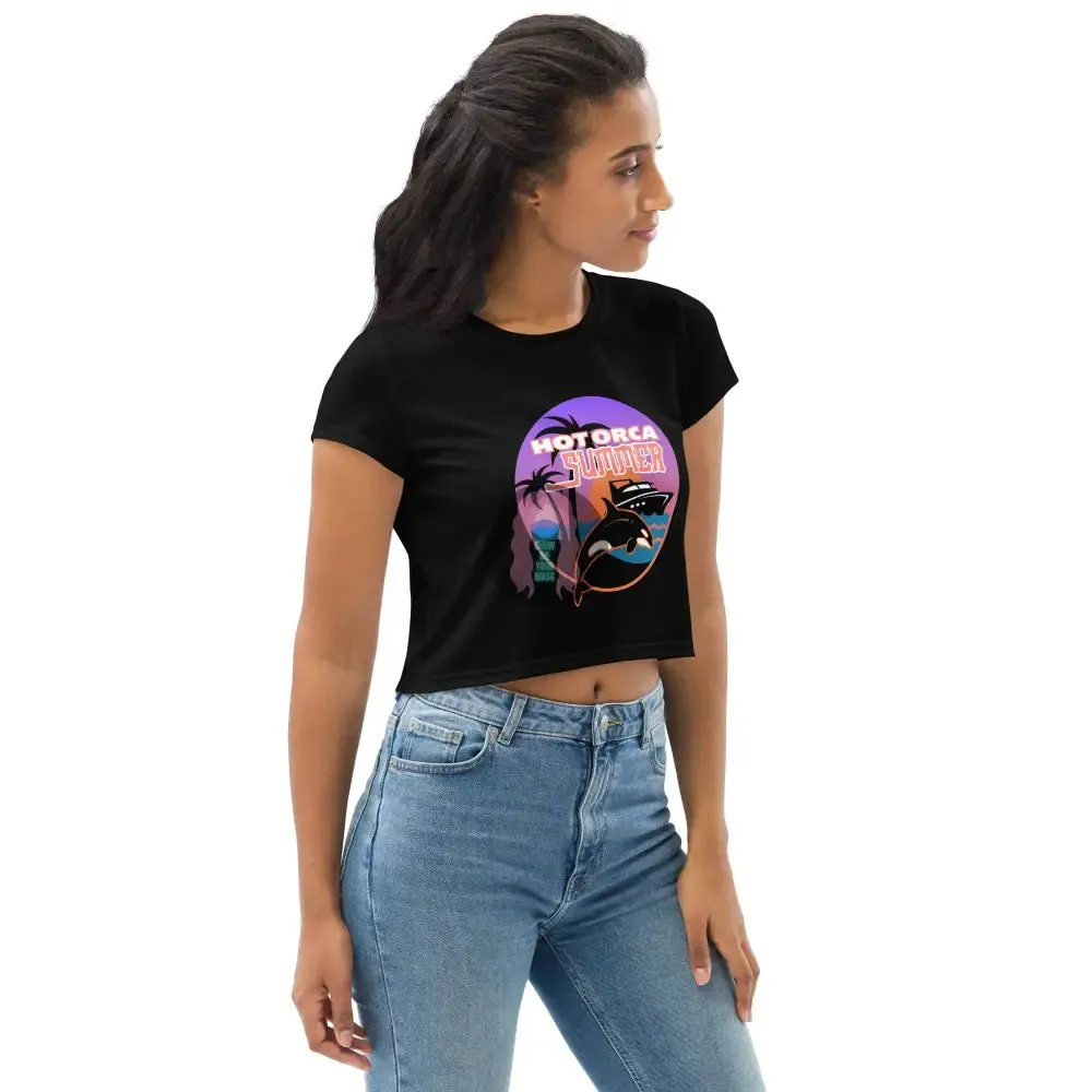 "Hot Orca Summer" All-Over Print Crop Tee