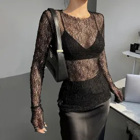 Shirt Through 2024 Clothes Ladies See Crop Long Retro Sleeve Club Slim Bodycon Femme Lace Sexy Black Sheer Top