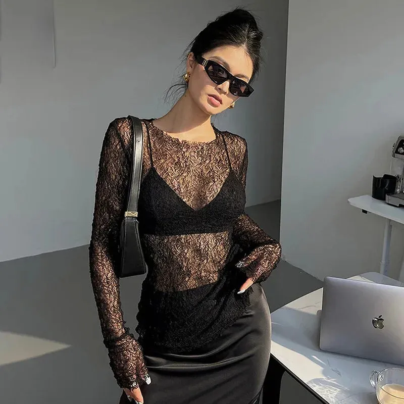 Shirt Through 2024 Clothes Ladies See Crop Long Retro Sleeve Club Slim Bodycon Femme Lace Sexy Black Sheer Top