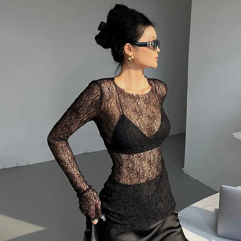 Shirt Through 2024 Clothes Ladies See Crop Long Retro Sleeve Club Slim Bodycon Femme Lace Sexy Black Sheer Top