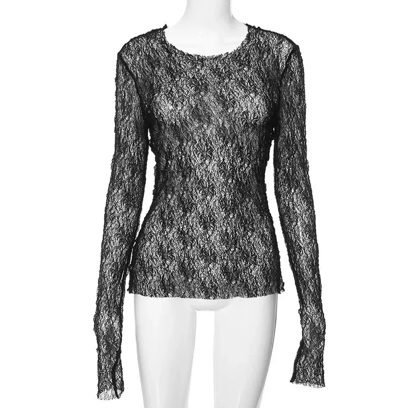 Shirt Through 2024 Clothes Ladies See Crop Long Retro Sleeve Club Slim Bodycon Femme Lace Sexy Black Sheer Top