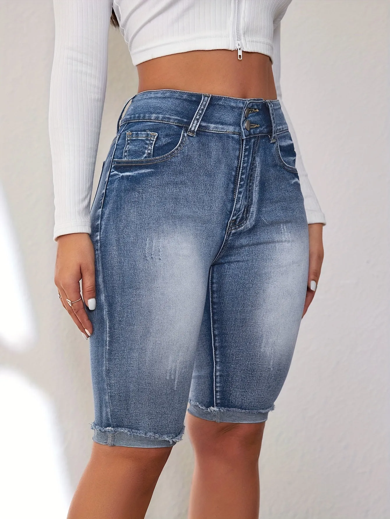 Stretchy Knee-Length Bermuda Shorts - Double Button, Faded Wash, Frayed Cuffed Hem, High Stretch Denim, Machine Washable - Sexy Summer Fashion Essentials for Women