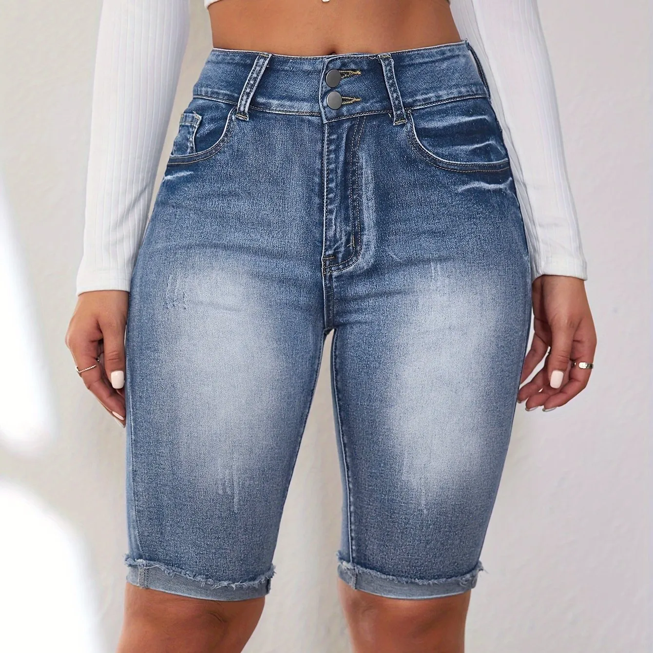 Stretchy Knee-Length Bermuda Shorts - Double Button, Faded Wash, Frayed Cuffed Hem, High Stretch Denim, Machine Washable - Sexy Summer Fashion Essentials for Women