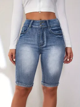 Stretchy Knee-Length Bermuda Shorts - Double Button, Faded Wash, Frayed Cuffed Hem, High Stretch Denim, Machine Washable - Sexy Summer Fashion Essentials for Women