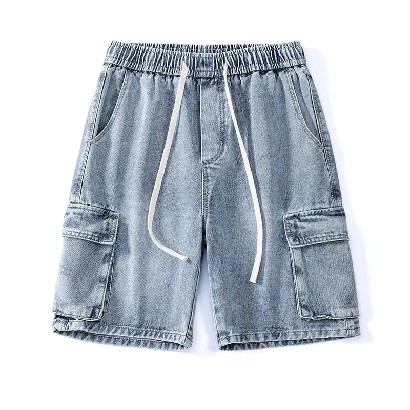 Summer Denim Shorts Men's Thin Straight Knee-length High Quality Shorts Elastic Waist Baggy Short Jeans Male Brand Clothes