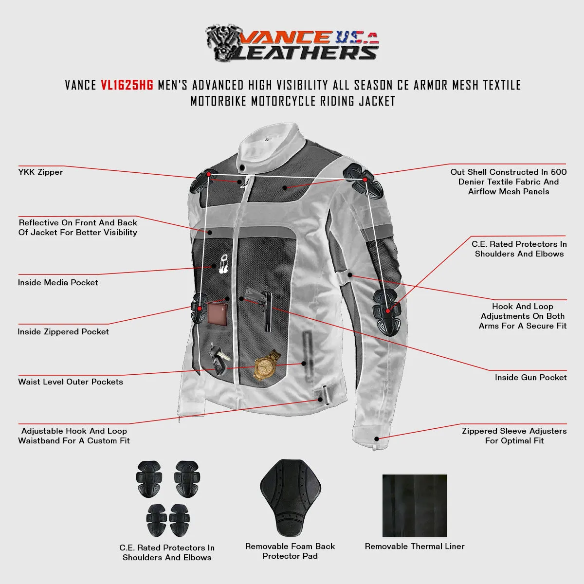 VL1625HG Windbreaker Hi-Vis Mesh/Textile CE Armor Motorcycle Jacket