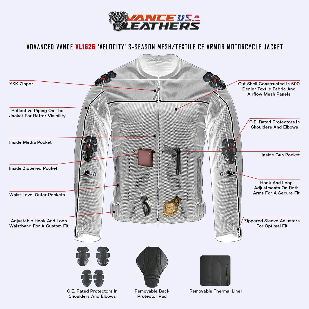 VL1626 Advanced Velocity 3-Season Mesh/Textile CE Armor Motorcycle Jacket