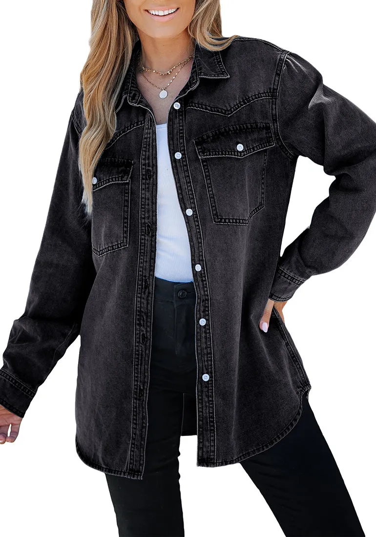 Washed Black Women's Trendy Long Denim Jackets Oversized Shackets with Pockets